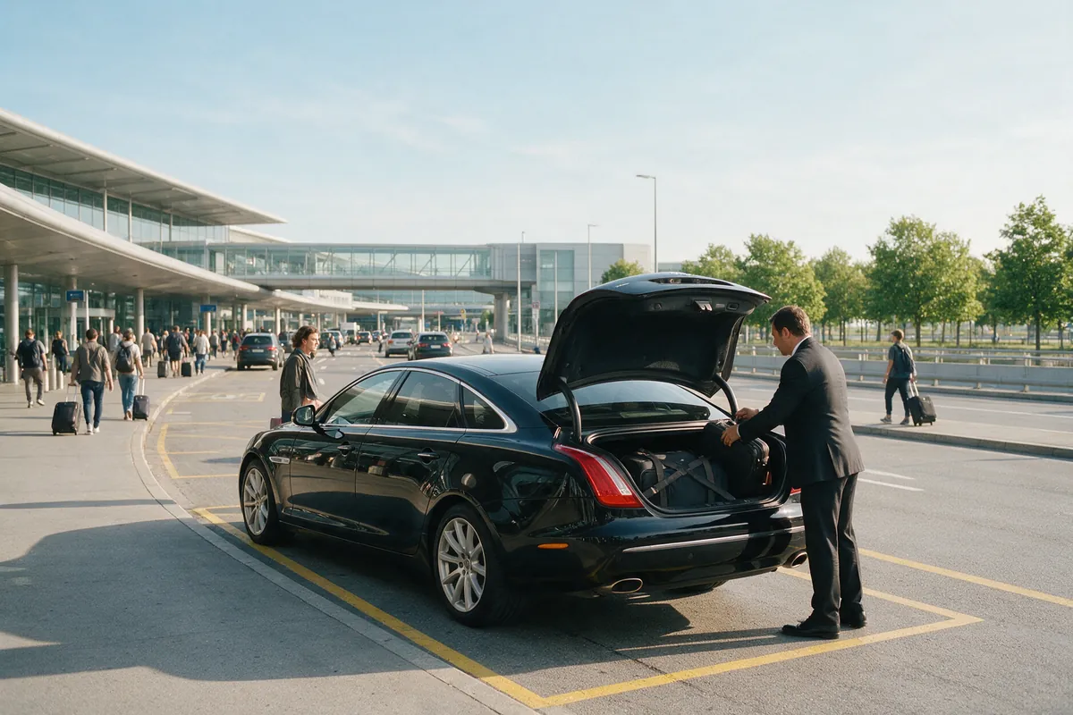Chauffeur laadt een koffer in de taxi bij de vertrekhal van de luchthaven