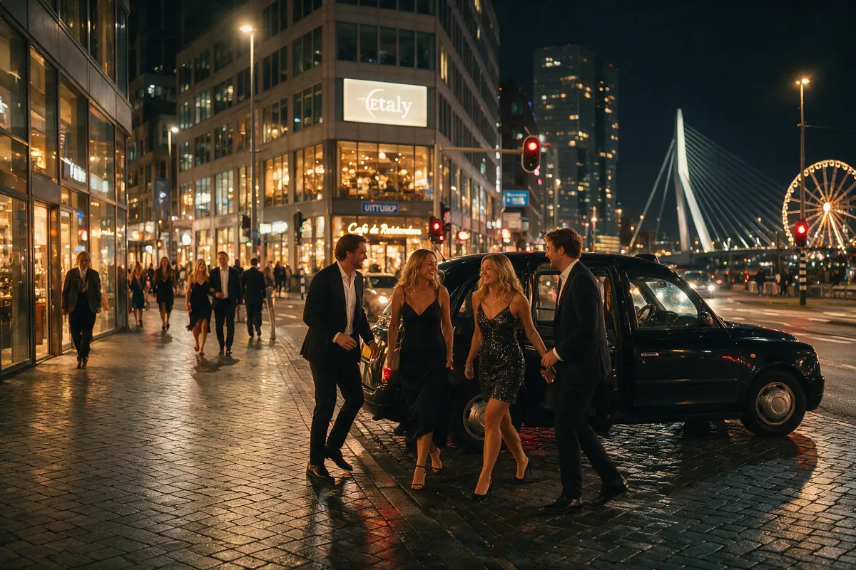 Vrienden stappen uit een taxi in het centrum van Rotterdam