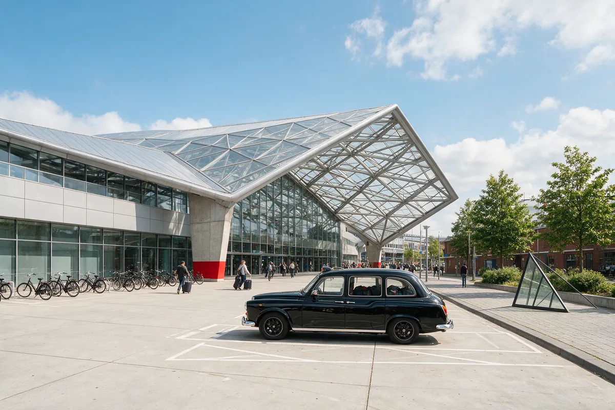 Taxi wacht voor het station op reizigers met bagage