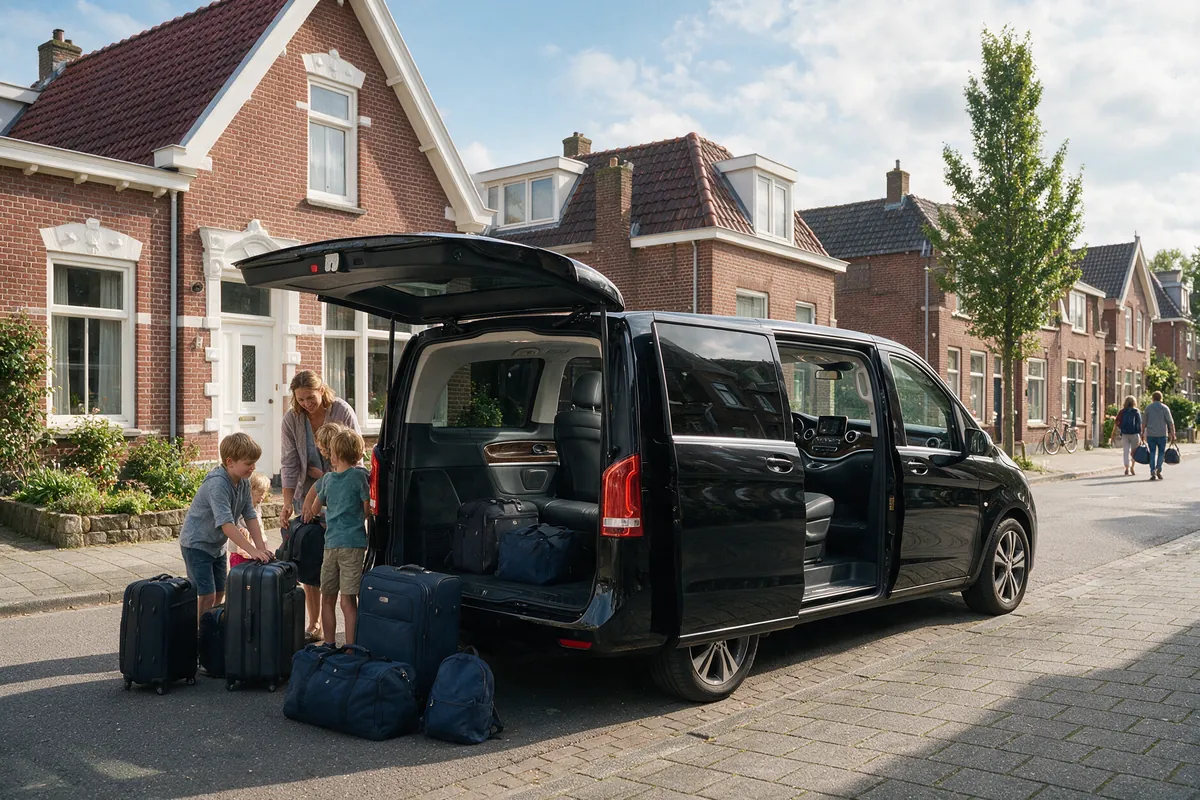 Gezin met koffers stapt in een taxibus voor vervoer naar Schiphol