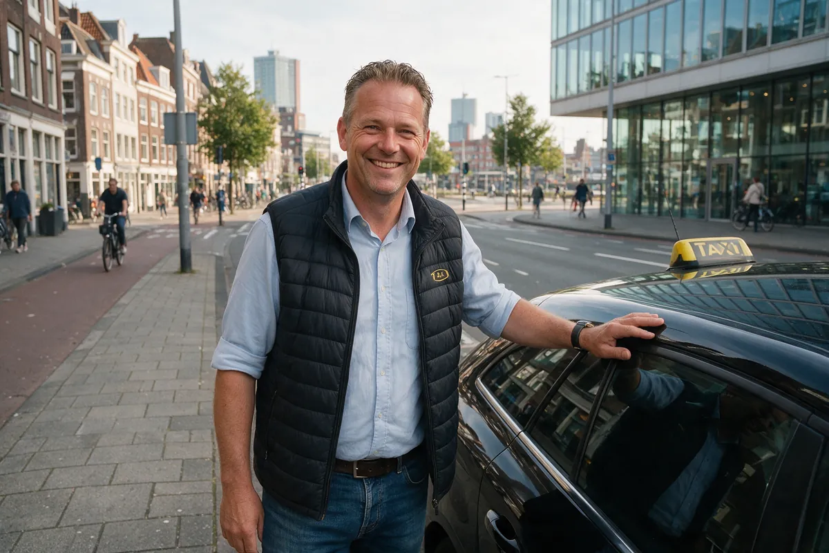 Vriendelijke taxichauffeur naast zijn auto in Rotterdam