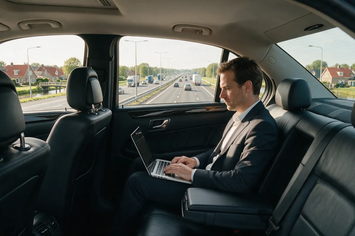 Zakenman werkt op zijn laptop op de achterbank van een taxi